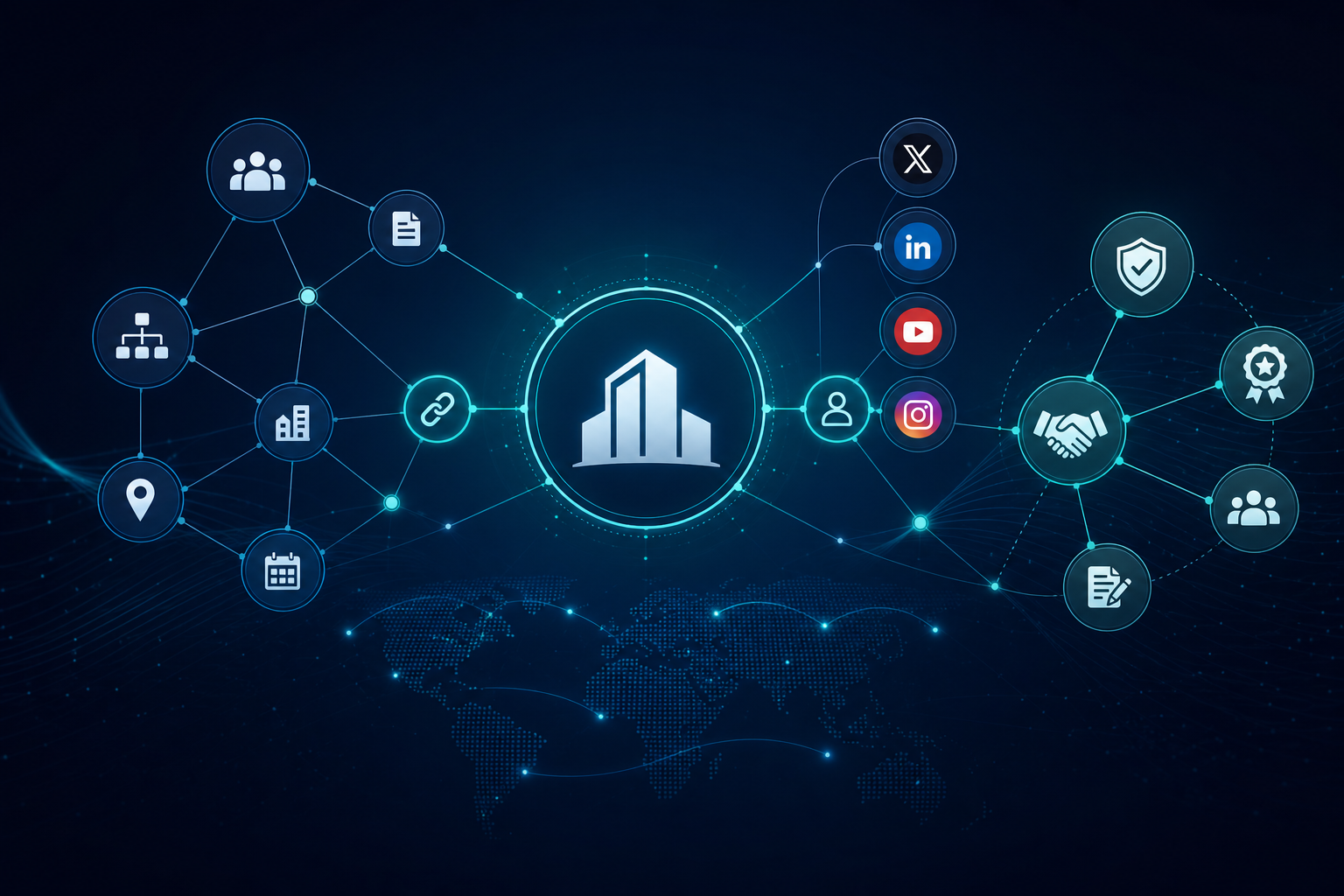 Brand entity in GEO: company entity card connected to schema markup, sameAs links, and Knowledge Graph signals