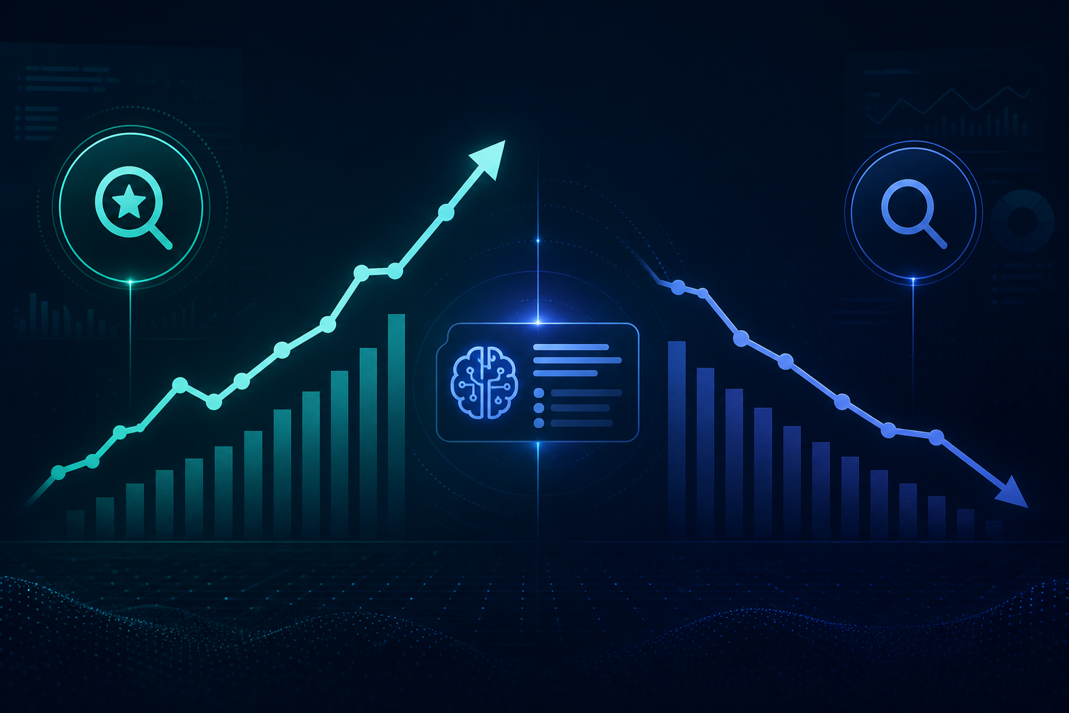 Branded search growth and organic click decline: GSC dashboard and AI Overview visibility shown side by side