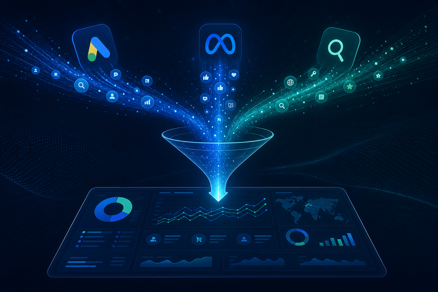 Channel synergy: Google Ads, Meta, and SEO merge into one marketing system across funnel stages