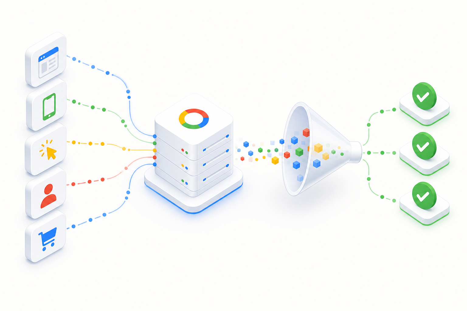 Google Ads conversion tracking: events flowing into a server-side hub and conversion nodes