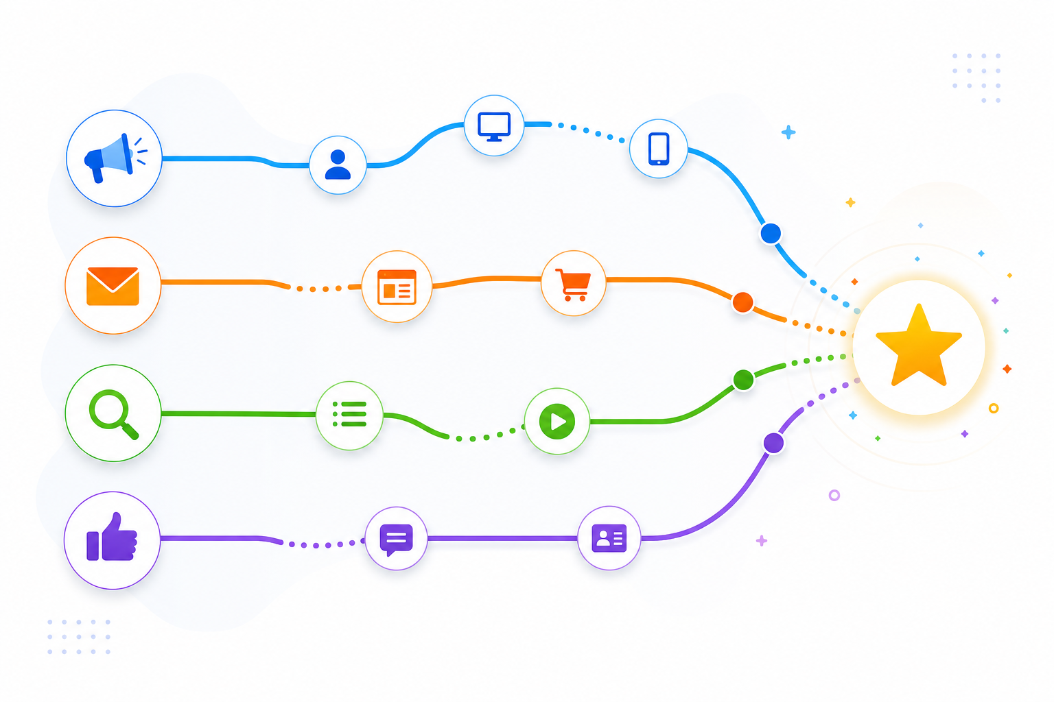 Cross-channel attribution: paths from different channels converging through touchpoints to a conversion