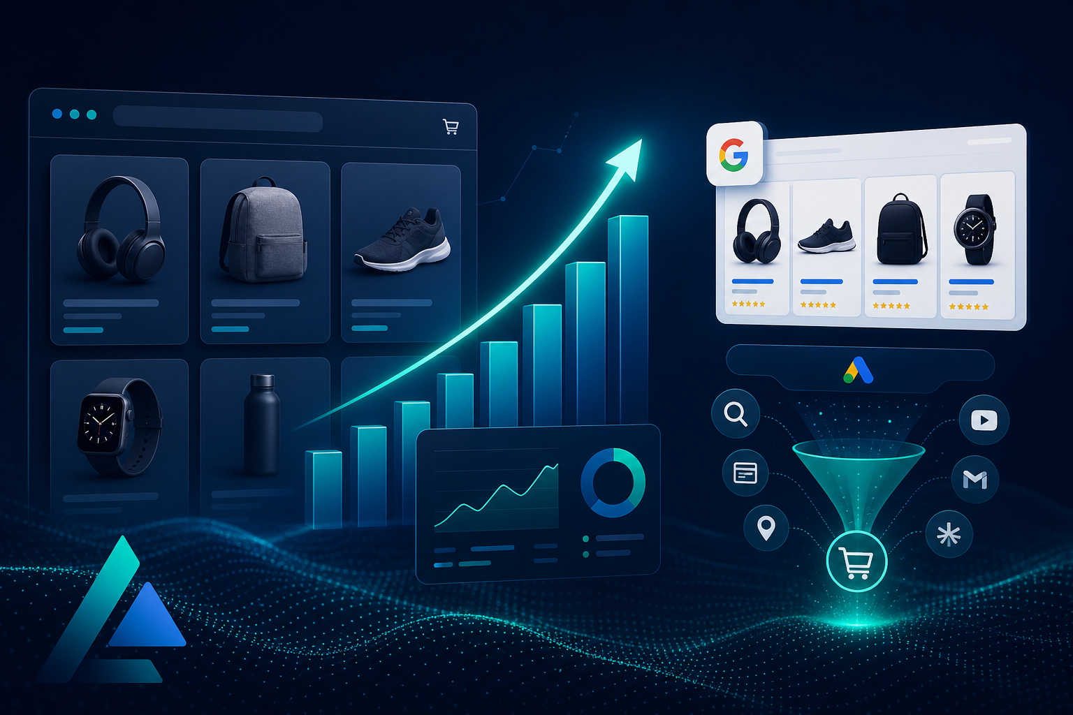 Ecommerce Google Ads: ROAS metrics, Shopping product cards, and scaling charts in a data-driven campaign model