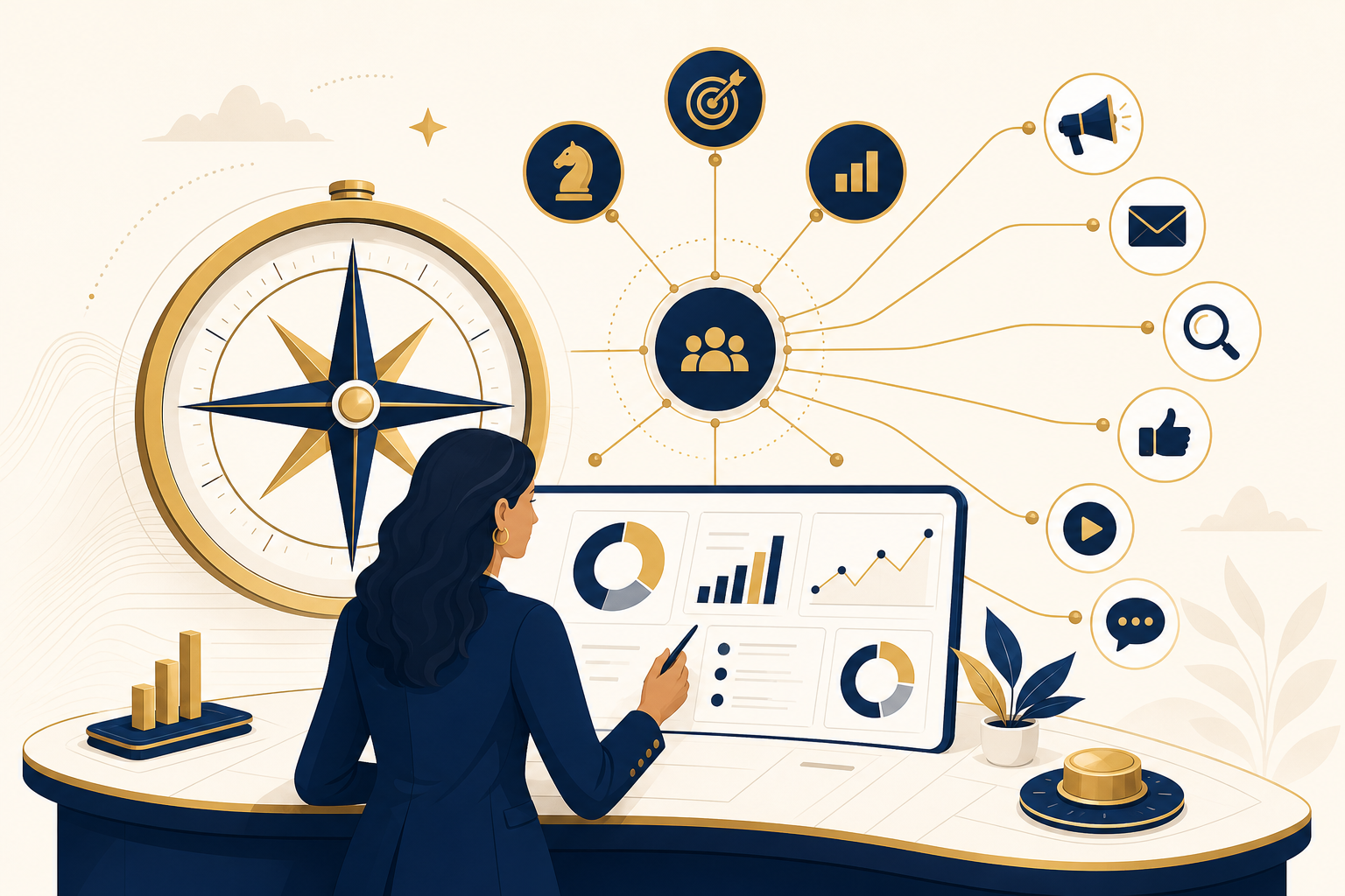 Fractional CMO: a strategic command view with a compass and marketing-channel nodes