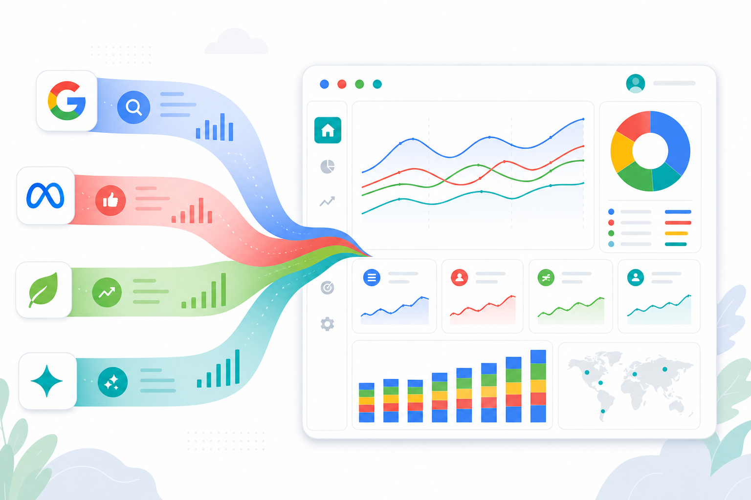 Full-stack marketing: Google Ads, Meta, SEO, and GEO merging from four data streams into one view