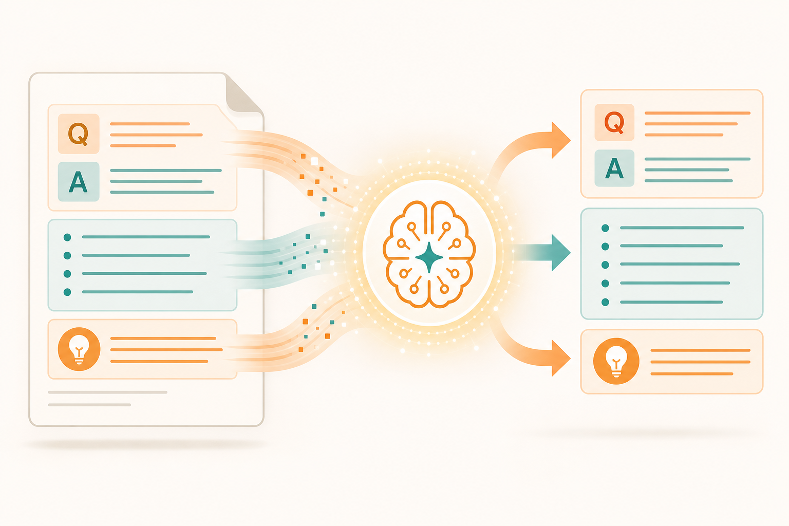 AI-citable content: structured content blocks (Q&A, lists, facts) being scanned and extracted by an AI node