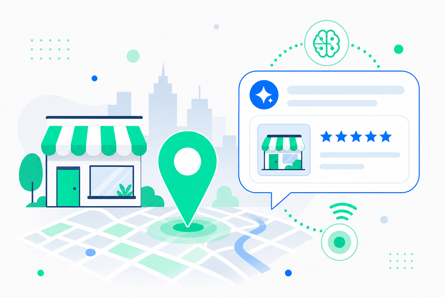 GEO for local businesses: a map of the service area, Google Business Profile stars, and an AI answer recommending a local service