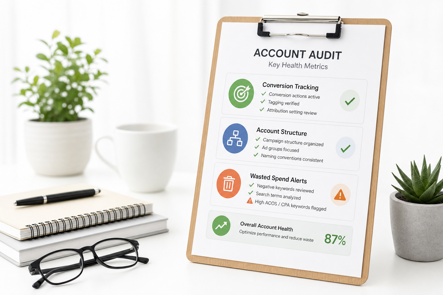 Google Ads -auditointi: checklist, tilin rakenne, konversioseuranta ja hukkakulut