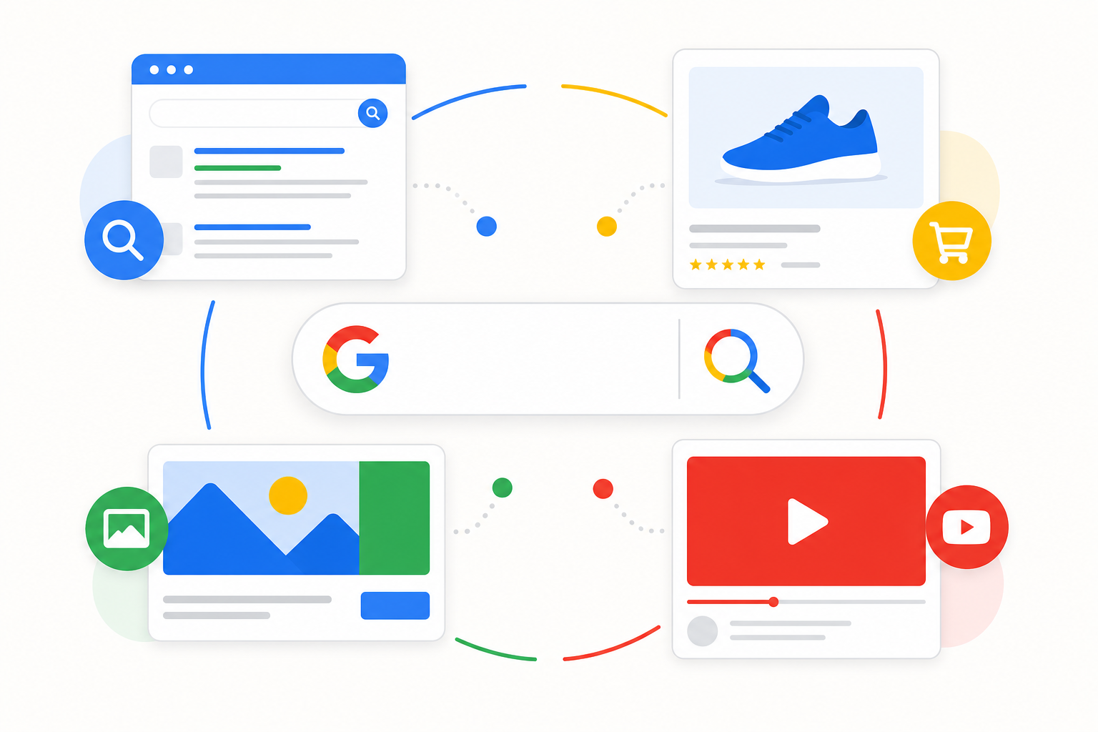 Google Ads campaign types: a Google-colored search bar with icons for a search result, shopping, display, and video