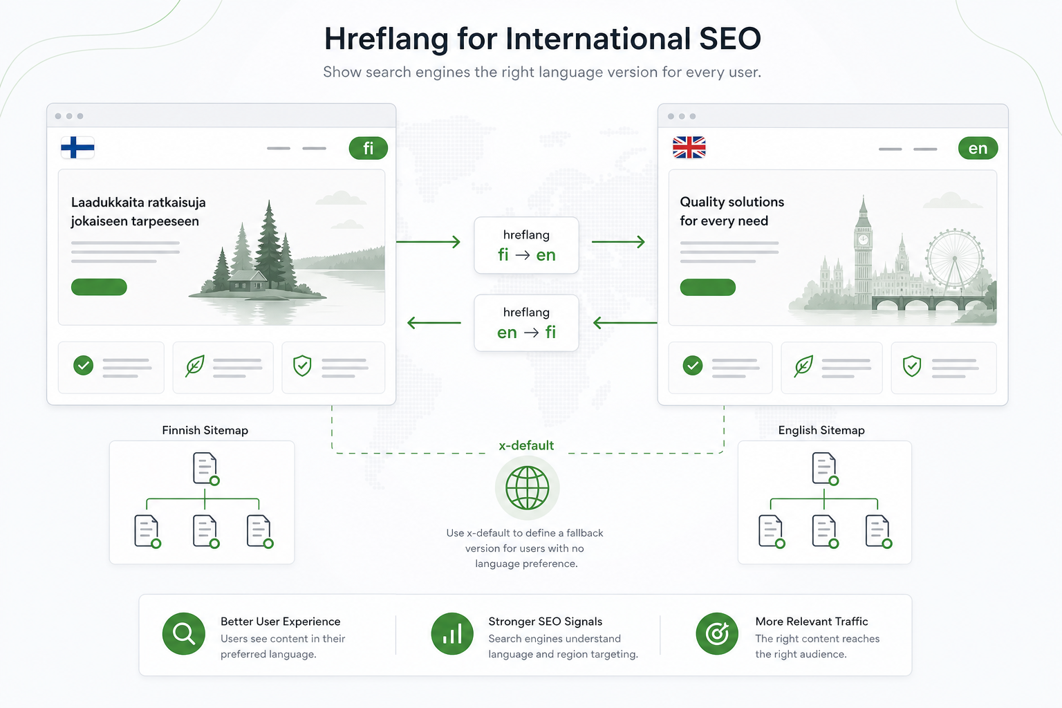 Hreflang and international SEO: FI/EN sites, x-default, sitemap, and hreflang tags visualized