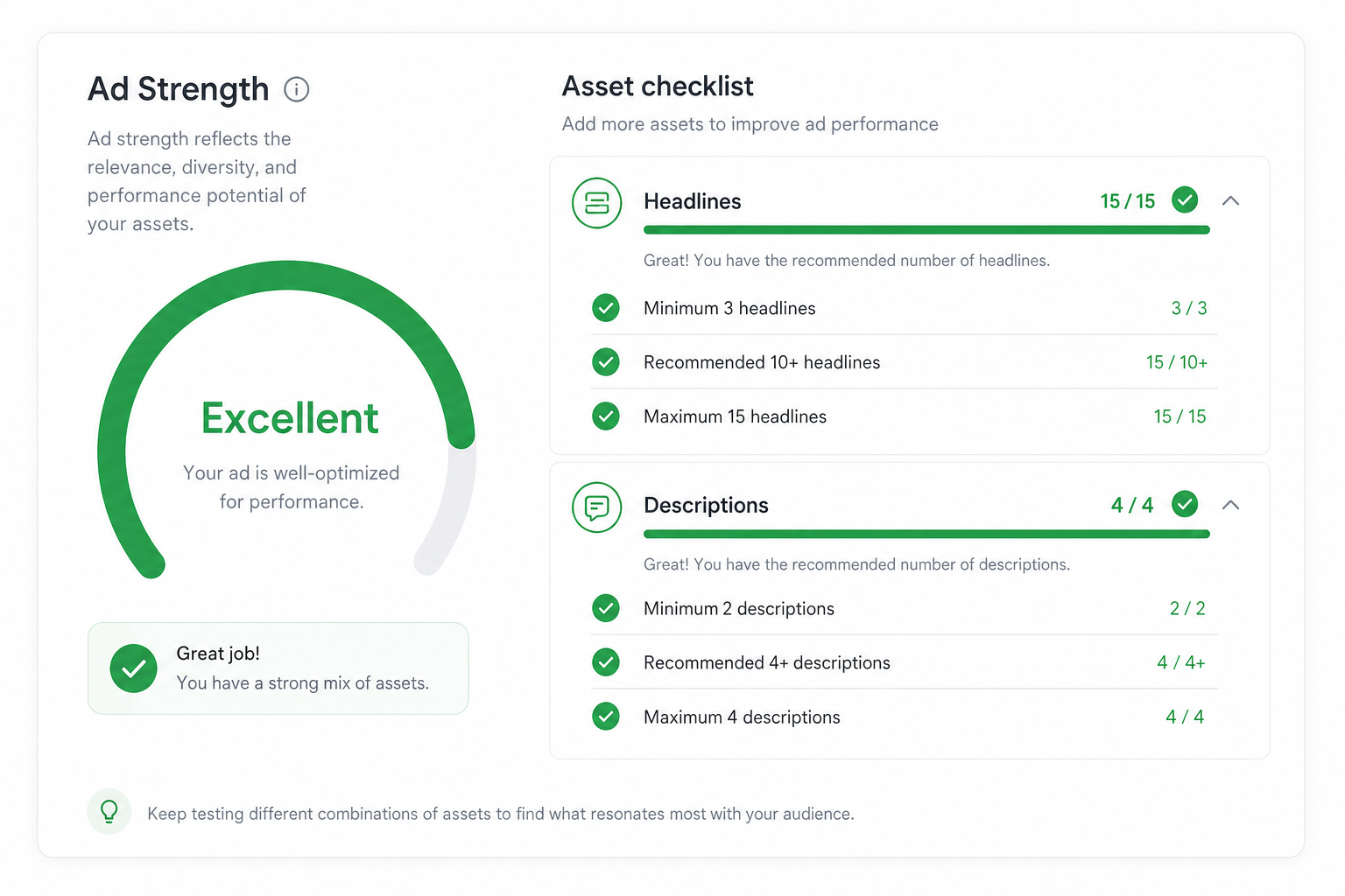 Ad Strength scale: Poor, Average, Good, Excellent on an RSA ad