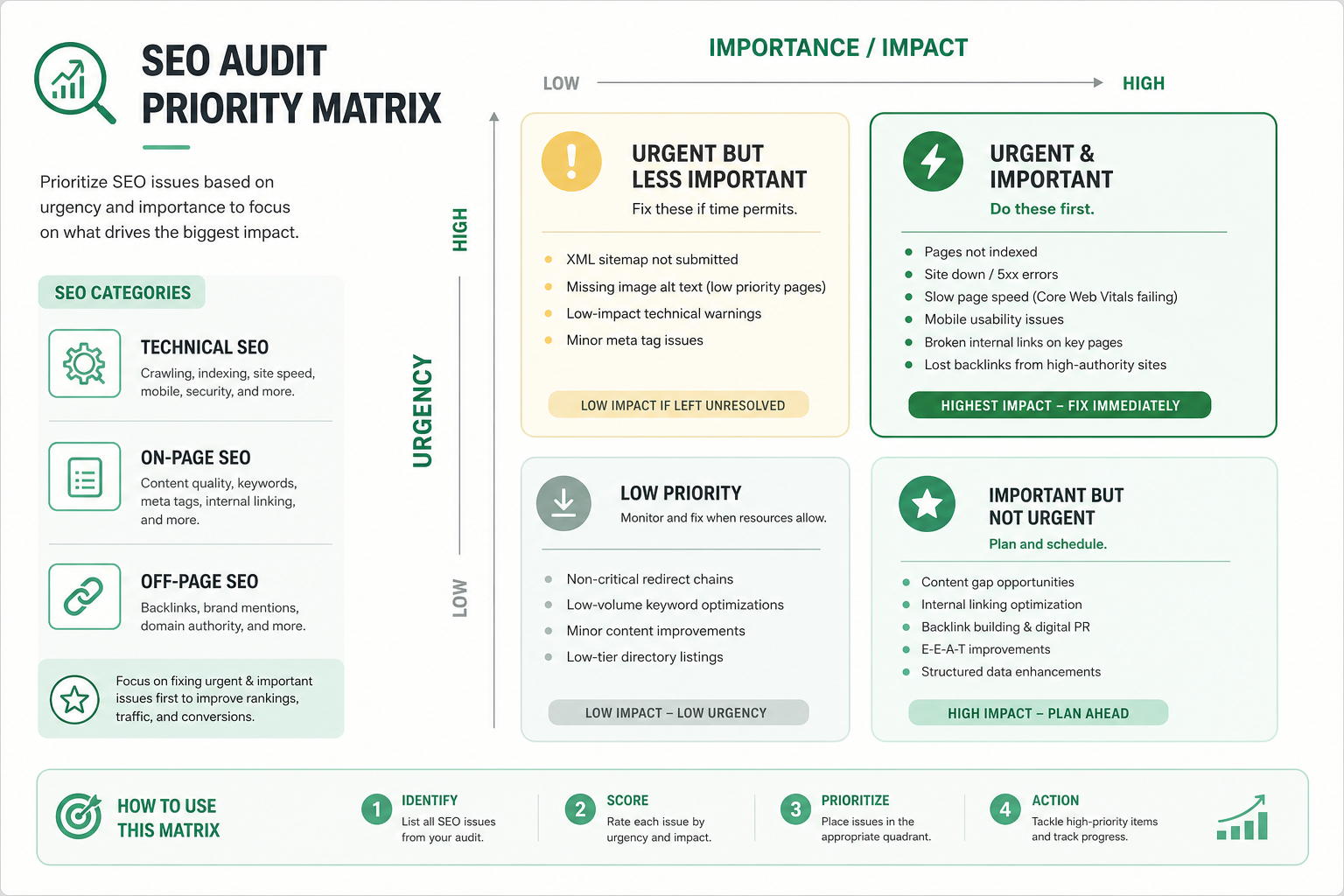 SEO audit priority matrix: impact on the vertical axis, effort on the horizontal axis, fixes in four quadrants