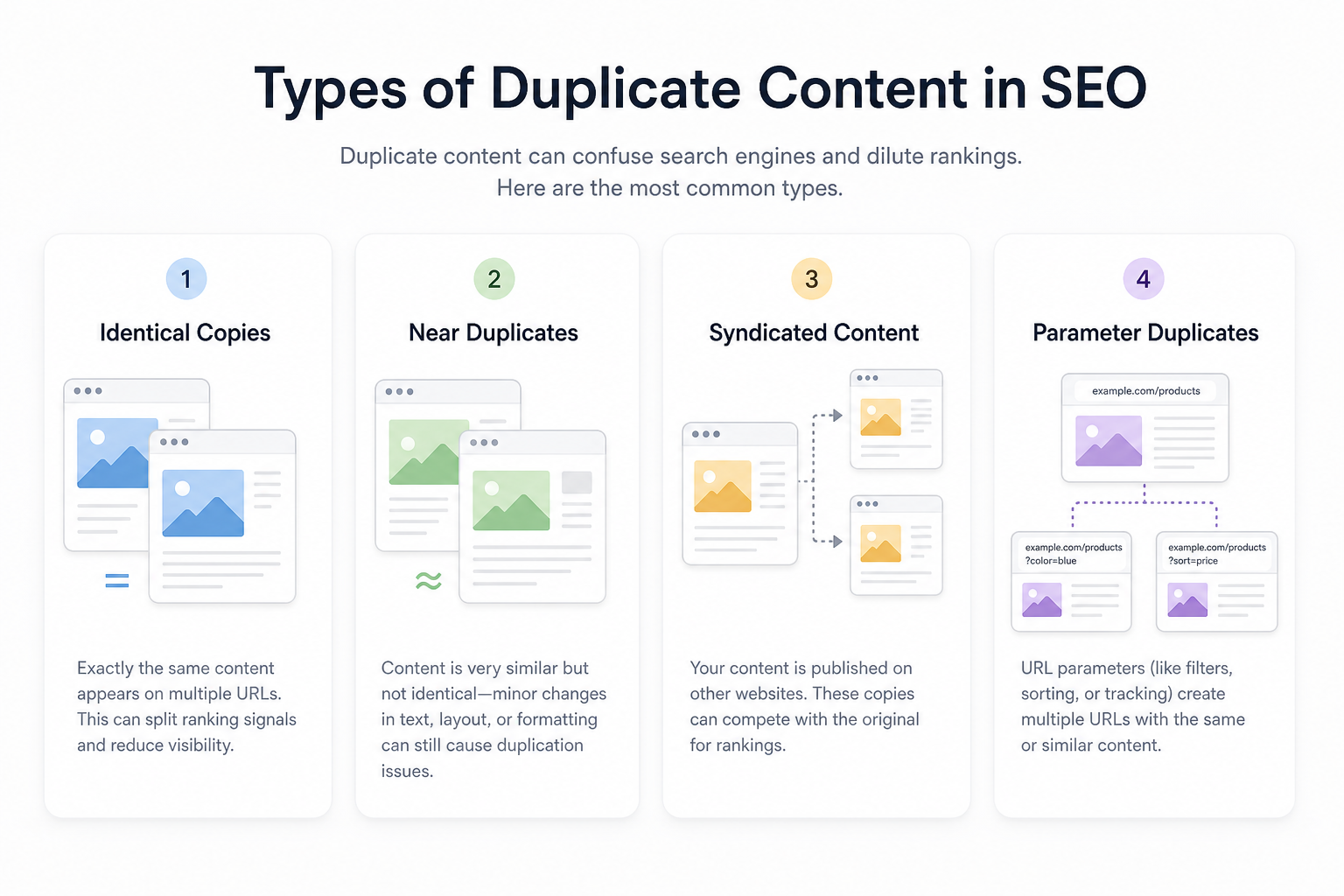 Duplicate content types: parameters, pagination, www variants, and syndication as separate URL groups