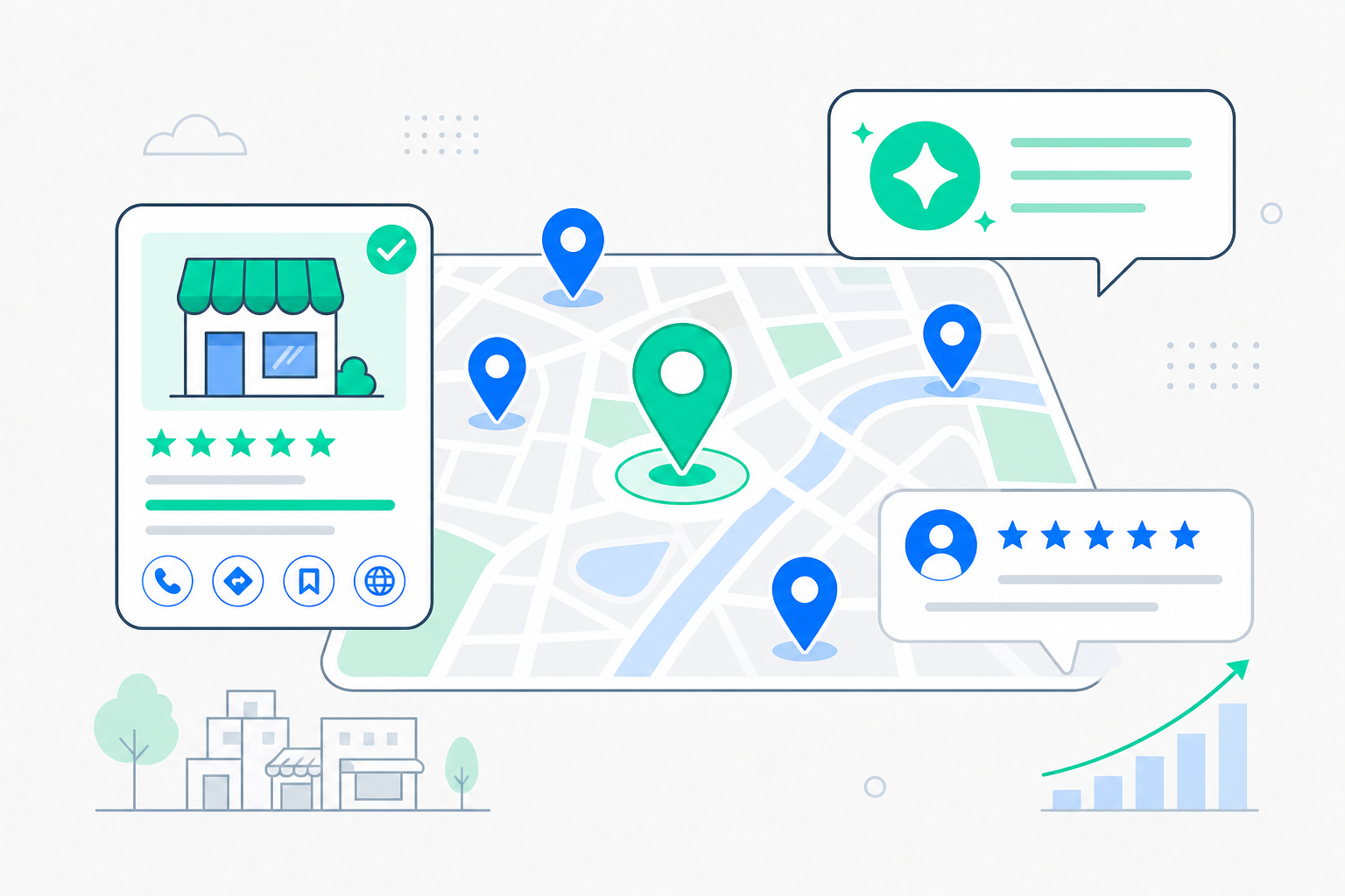Local GEO map: business location, service area, review stars, and AI recommendations within the area