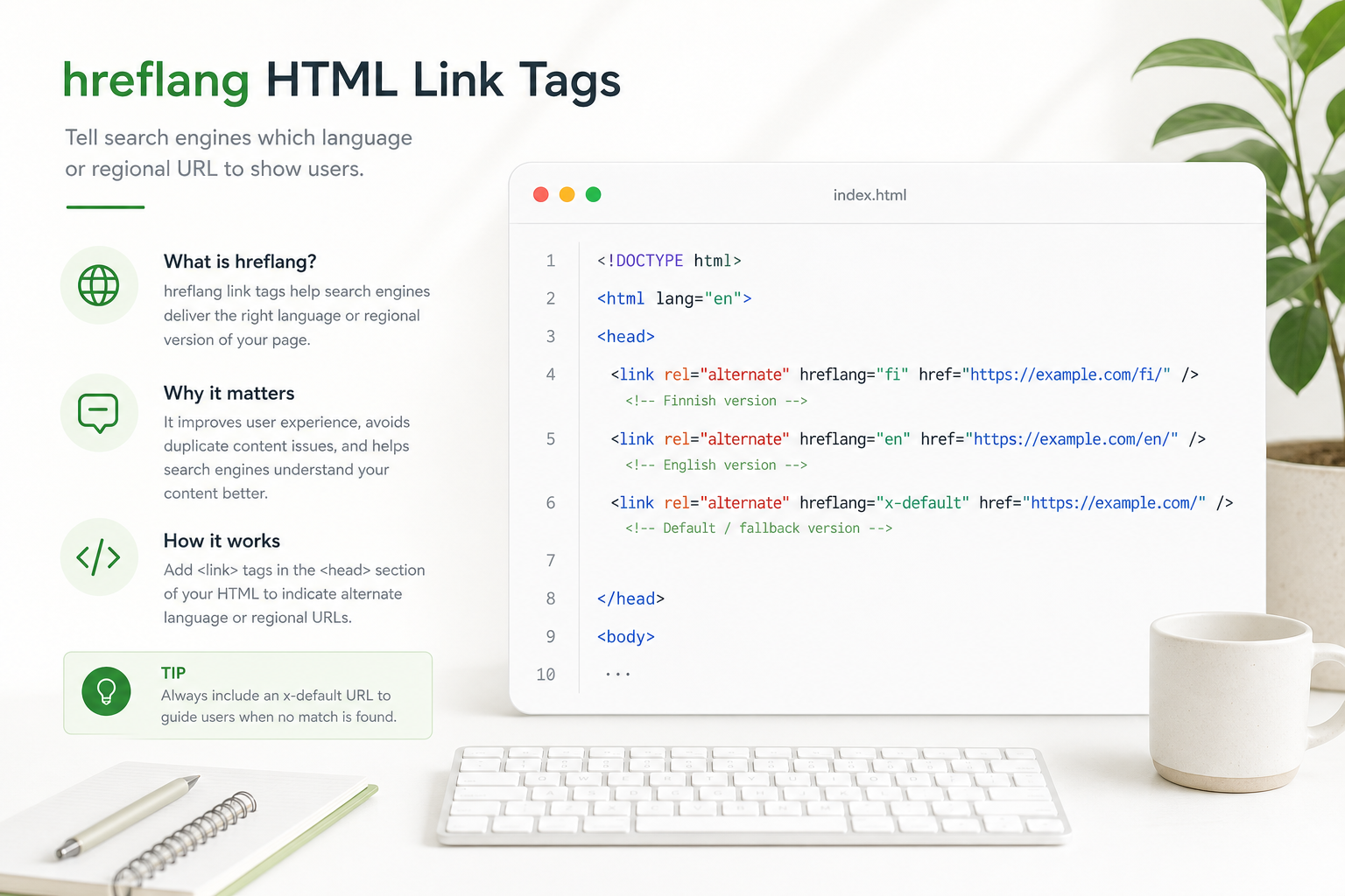Hreflang link elements in head: fi-FI, en, and x-default pointing to matching URL versions