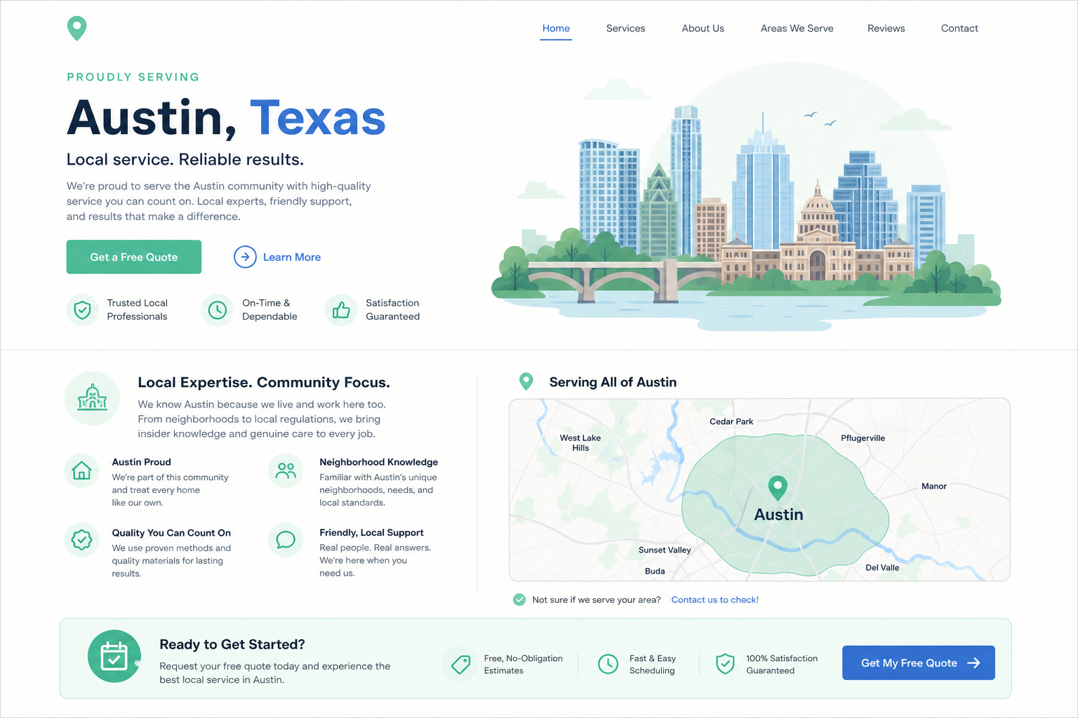 Local landing page: hero, NAP, services, map, and CTA