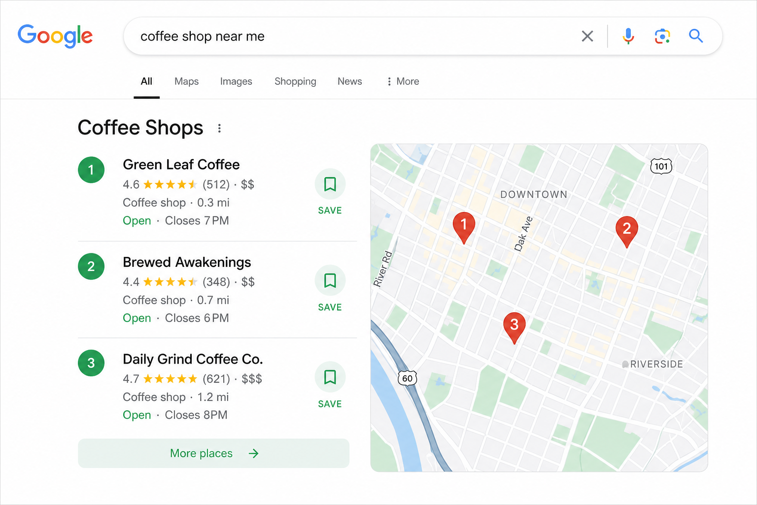 Google map pack at the top of search results: three local businesses with reviews, distances, and contact details