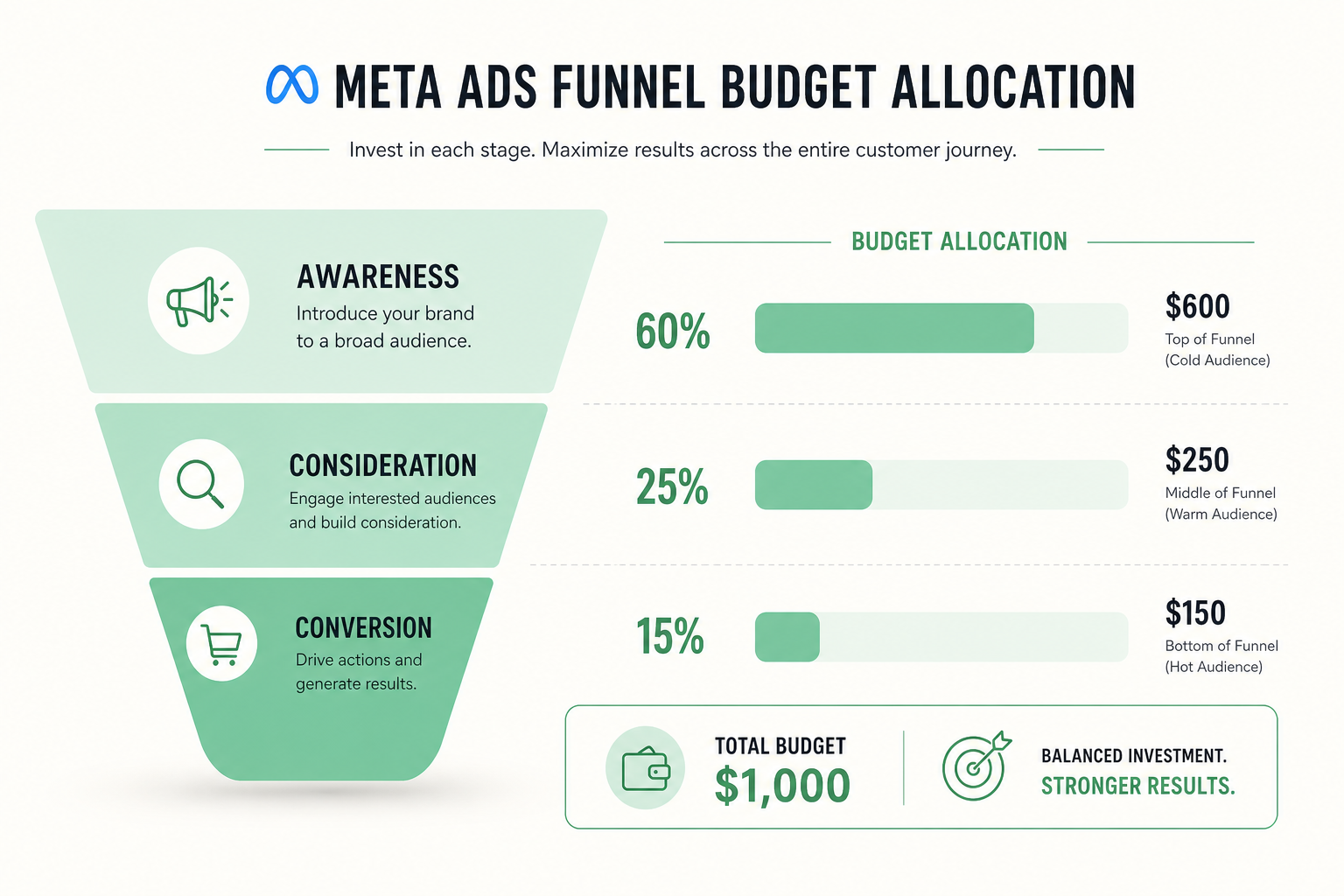 Meta funnel and budget: prospecting at the top, remarketing in the middle, testing across all stages, budget split by funnel stage