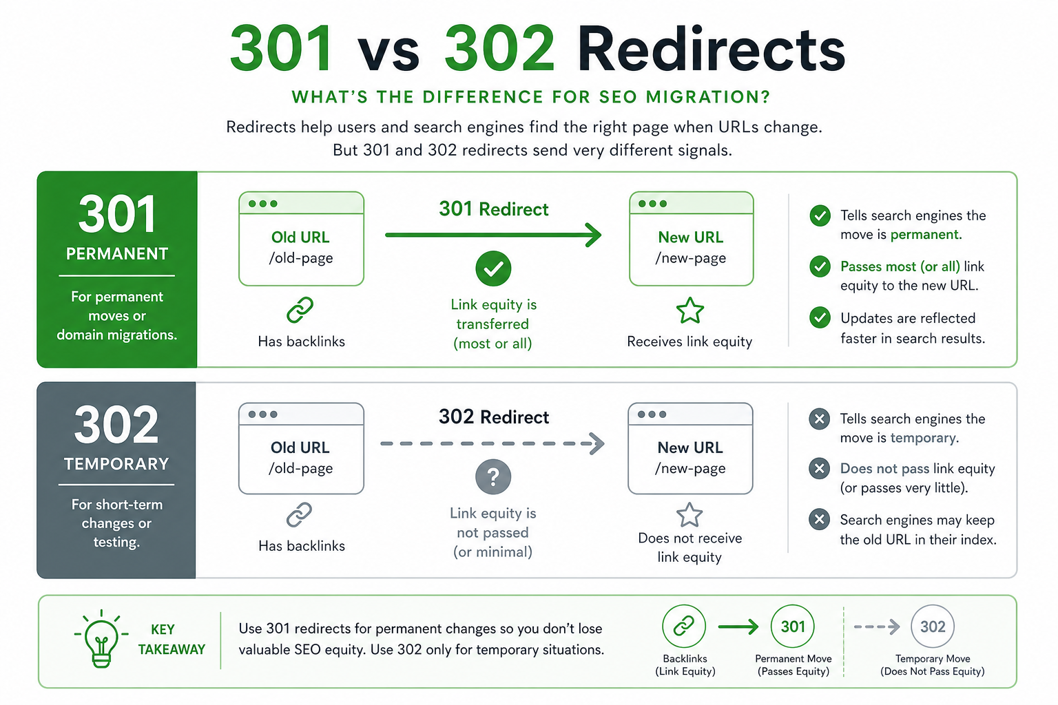 301-uudelleenohjaus vs redirect-ketju: suora vanha→uusi vs haitallinen A→B→C-ketju