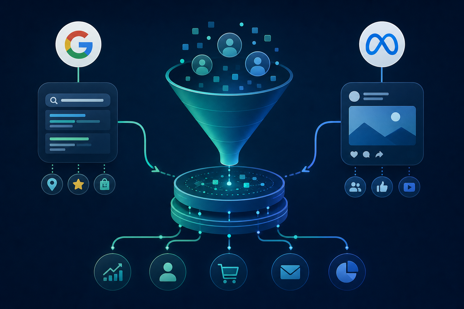 Full Stack marketing channel coverage: Google Ads, Meta, SEO, and GEO unified in one data flow vs. a marketing coordinator managing separate vendors