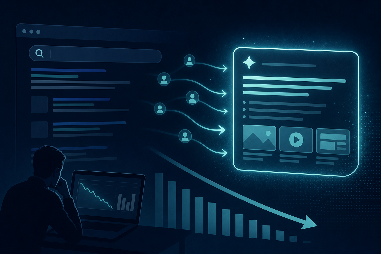 Zero-click search path: user gets an answer from AI Overviews or knowledge panel without an organic click