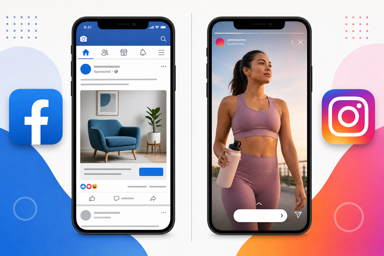 Instagram vs. Facebook advertising: a blue Facebook feed ad and a gradient Instagram Reels ad side by side