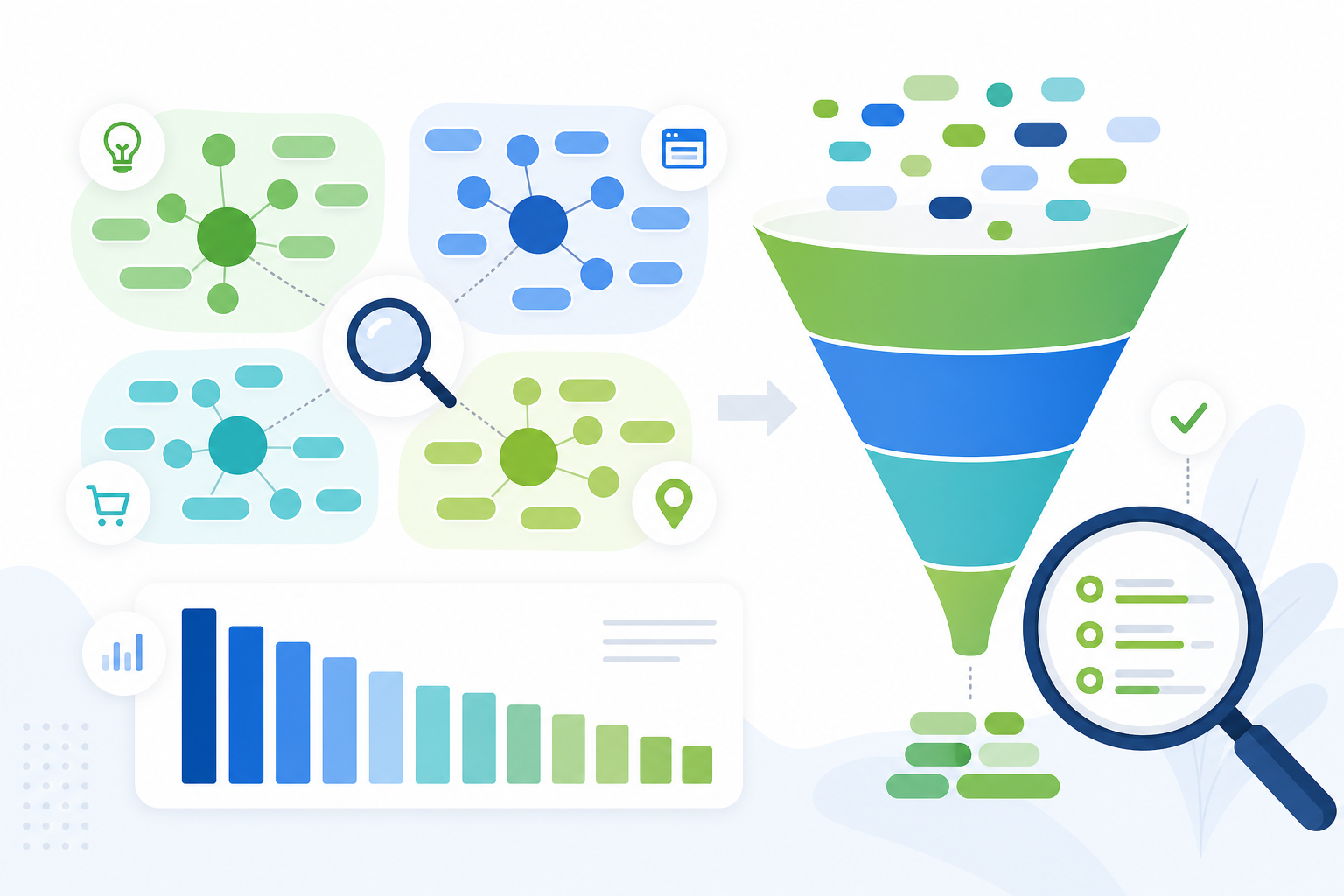Keyword research and search intent: keyword nodes grouped by intent, search-volume bars, and a sorting funnel