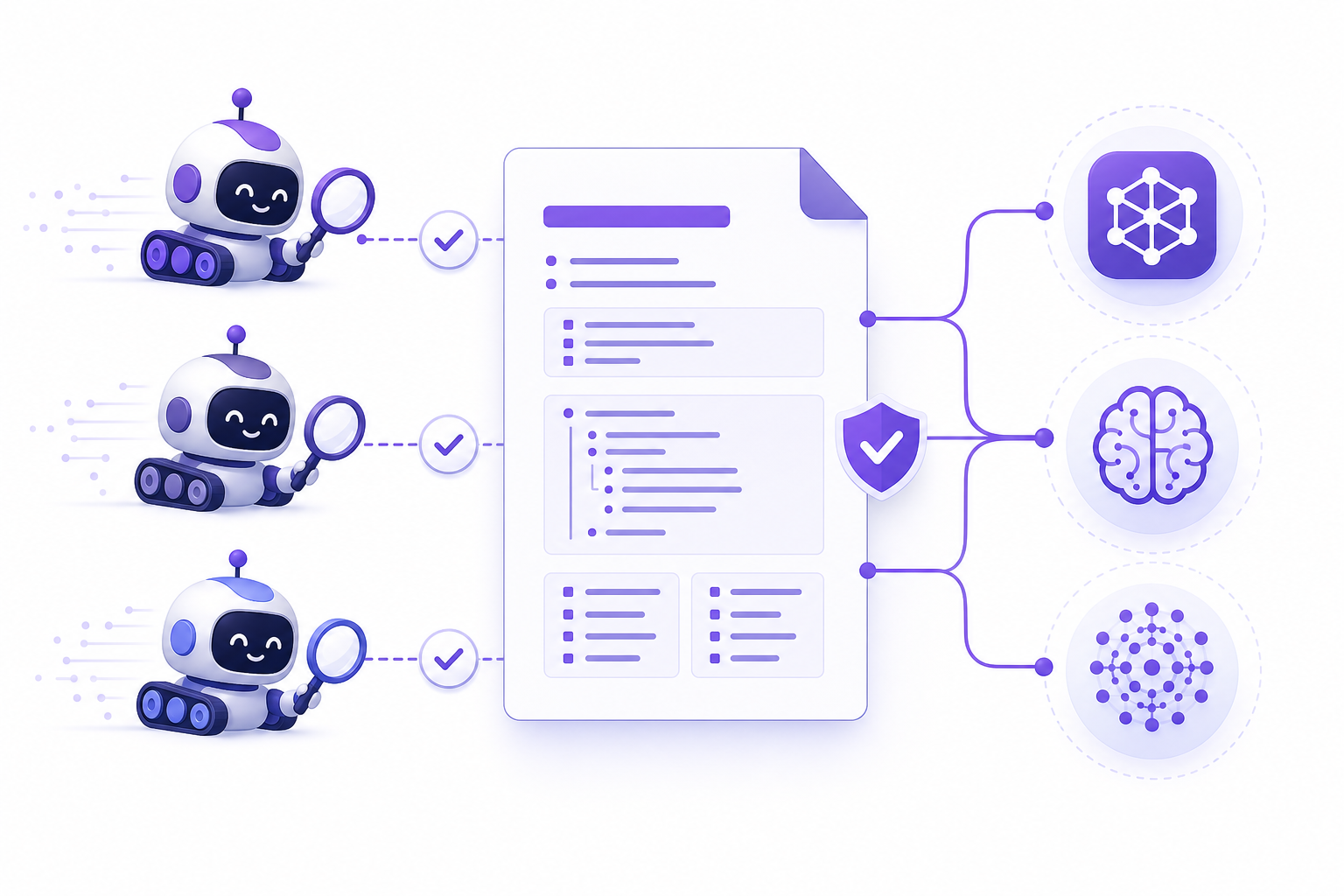 llms.txt and AI crawlers: AI bots reading a structured file with permission paths