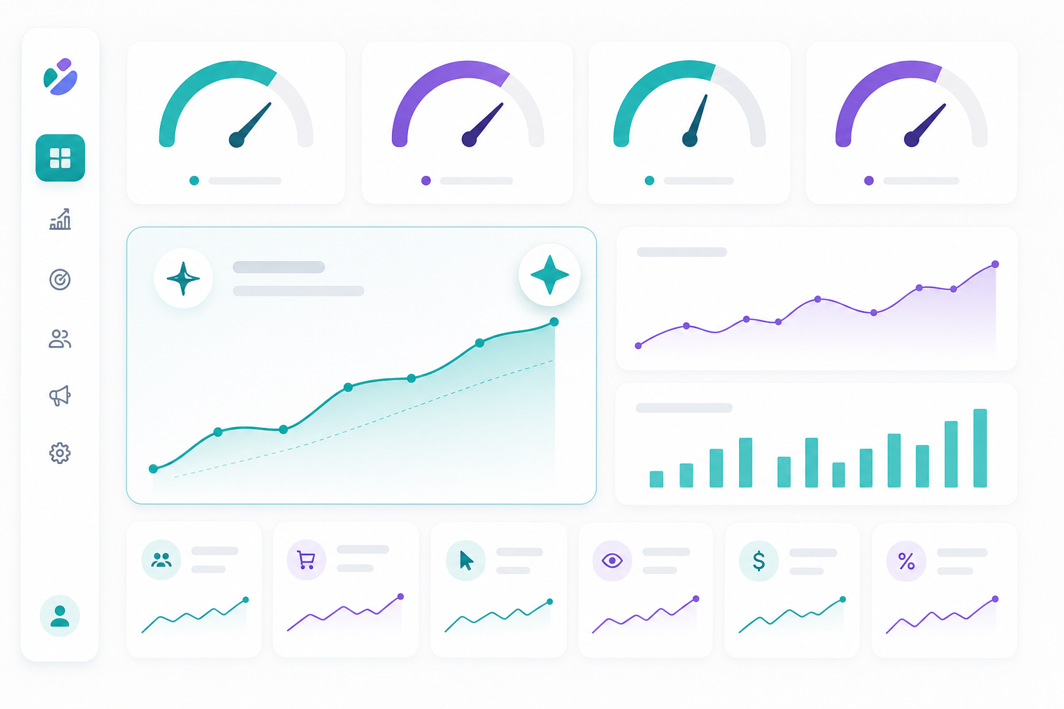Marketing KPI dashboard: gauges, trend lines, and a highlighted north star metric in an executive view