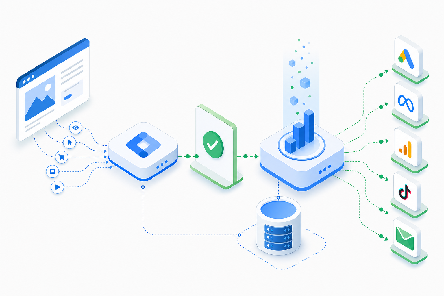 Marketing measurement stack: events passing through a tag manager and consent gate into analytics and channels