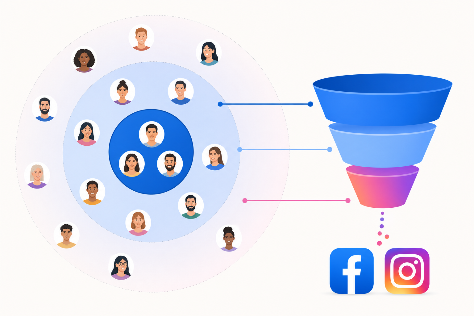Meta audiences and retargeting: core audience, remarketing, and lookalike expansion as concentric rings and a funnel