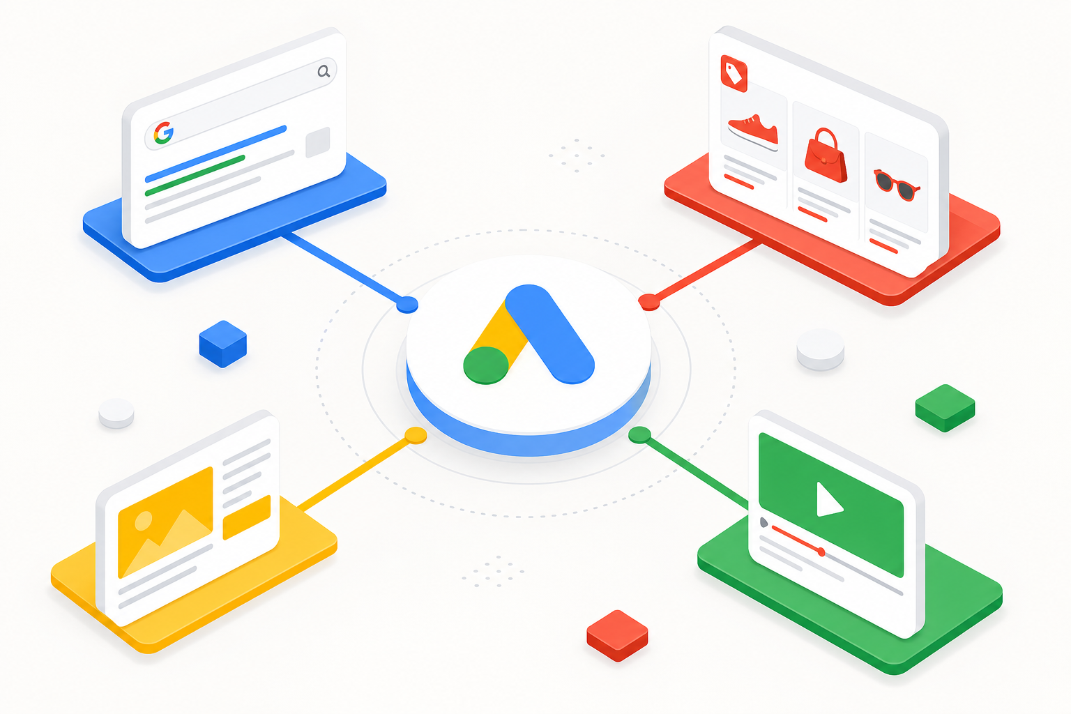 Google Performance Max: one AI core distributing campaigns to Search, Display, Video, and Shopping