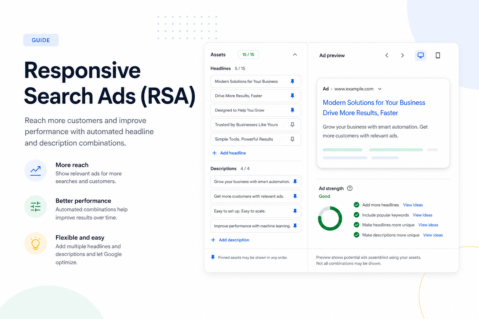 Responsive Search Ads: headlines, descriptions, pinning, and Ad Strength in Google Ads Search