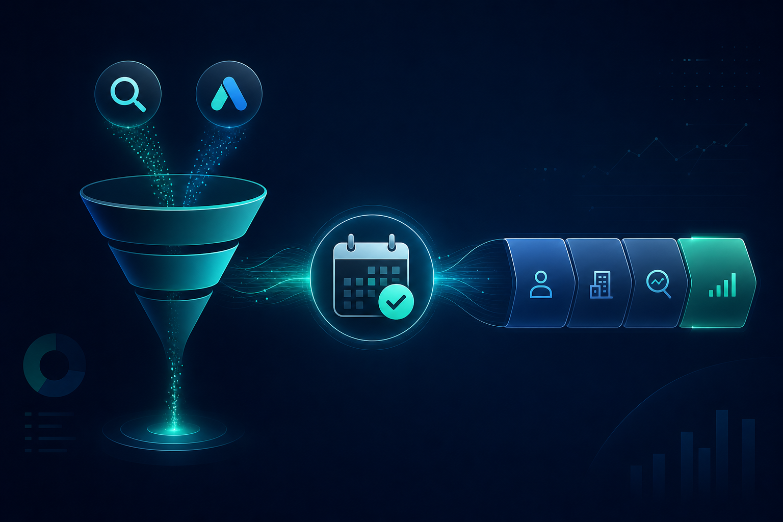 B2B SaaS marketing: demo request pipeline connecting SEO, Google Ads campaigns, and content strategy into a qualified pipeline