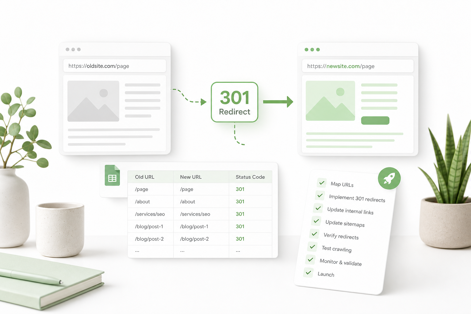 SEO-migraatio: redirect-kartta, 301-uudelleenohjaukset, staging-testaus ja julkaisun jälkeinen seuranta