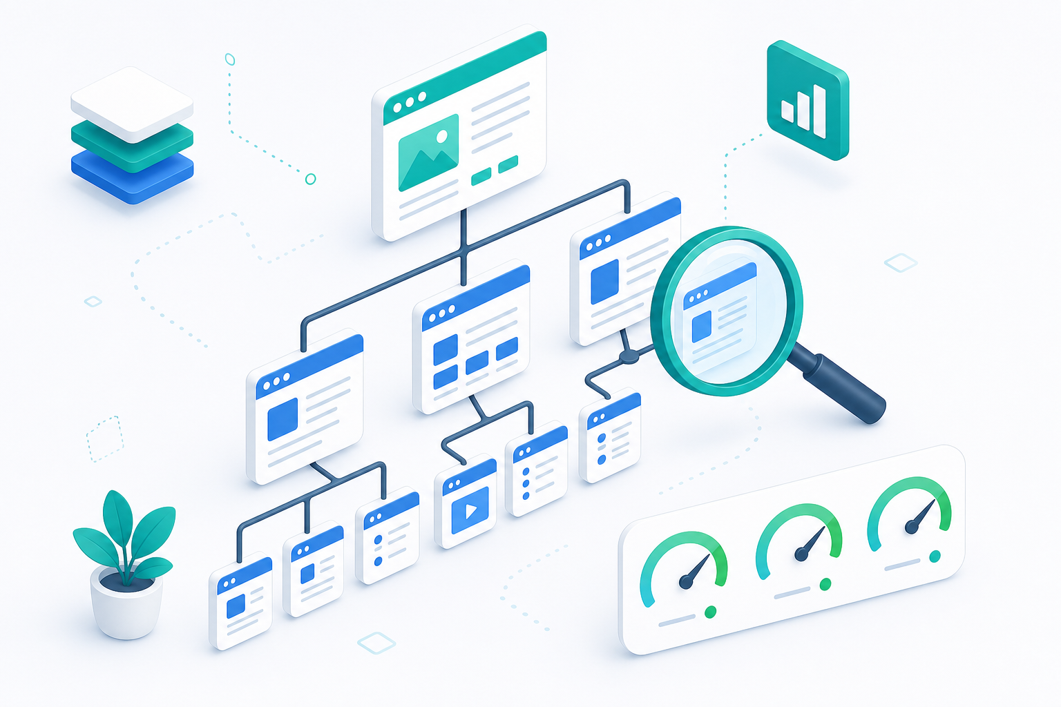 Technical SEO visualization: site-architecture map, crawl paths, and Core Web Vitals metrics